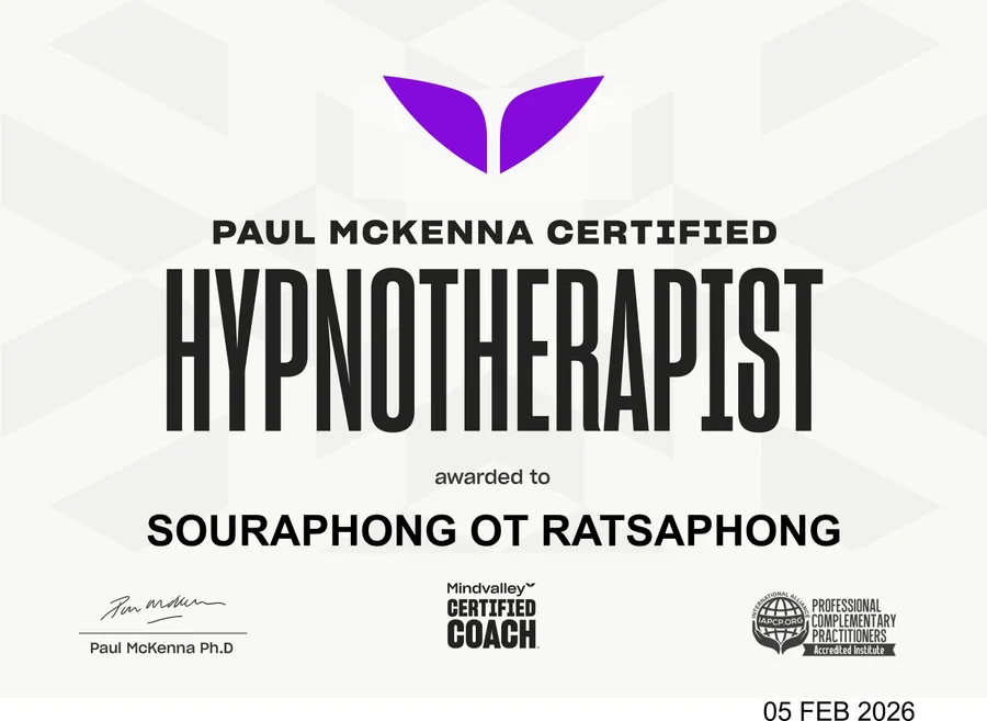 Paul McKenna Certified Hypnotherapist certificate awarded to Souraphong Ot Ratsaphong, 5 February 2026