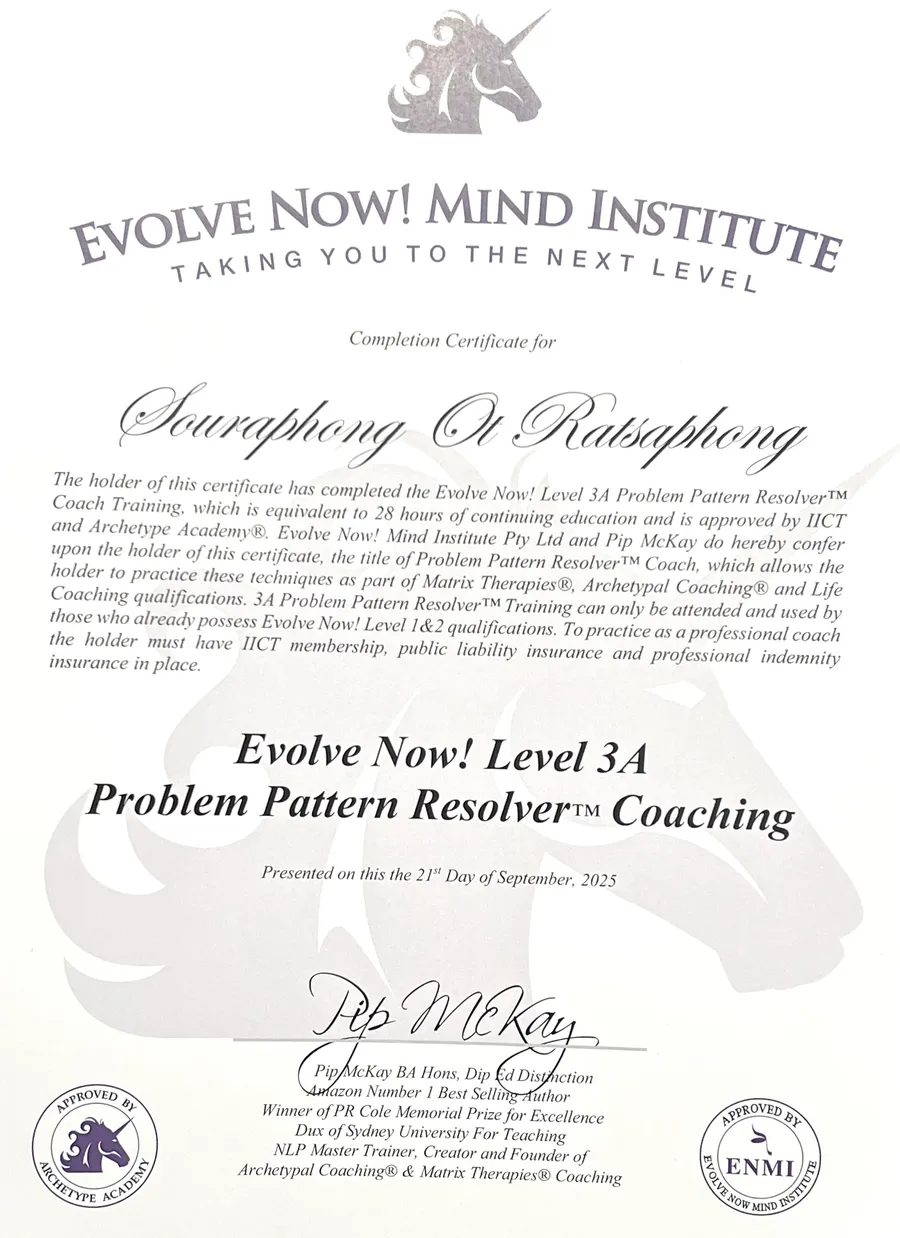 Evolve Now! Mind Institute Level 3A Problem Pattern Resolver Coaching certificate awarded to Souraphong Ot Ratsaphong, 21 September 2025, signed by Pip McKay